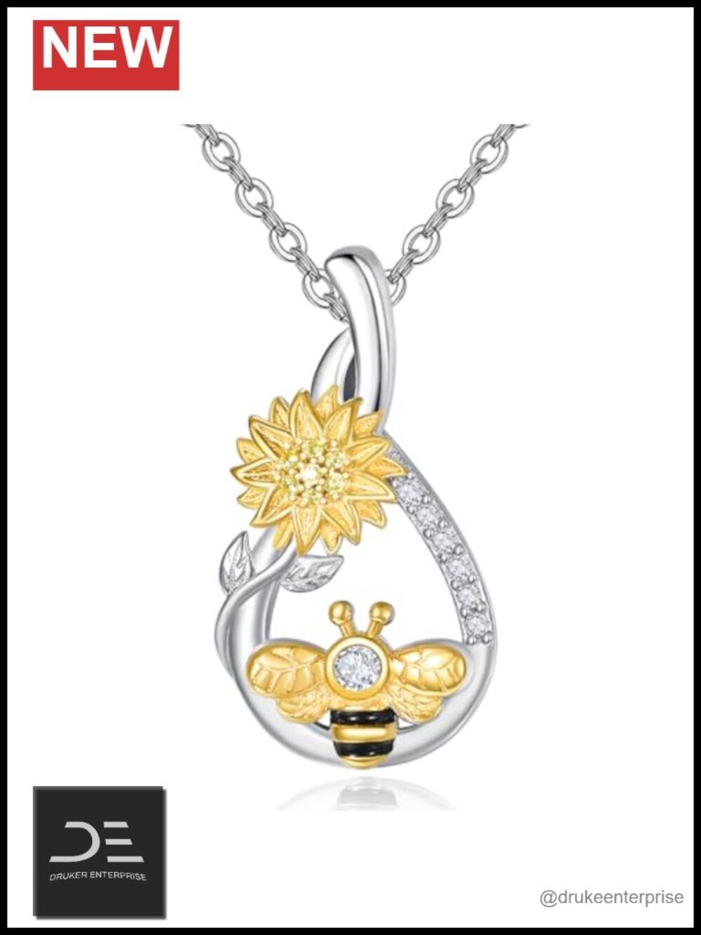 925 Sterling Silver Bee Sunflower Pendant Necklace 18k Gold Plated CZ